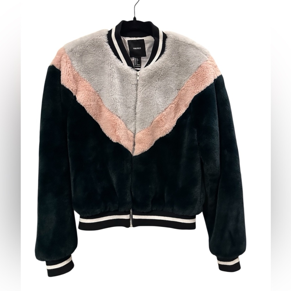 Bomber Jacket with faux fur color block. Like new condition.